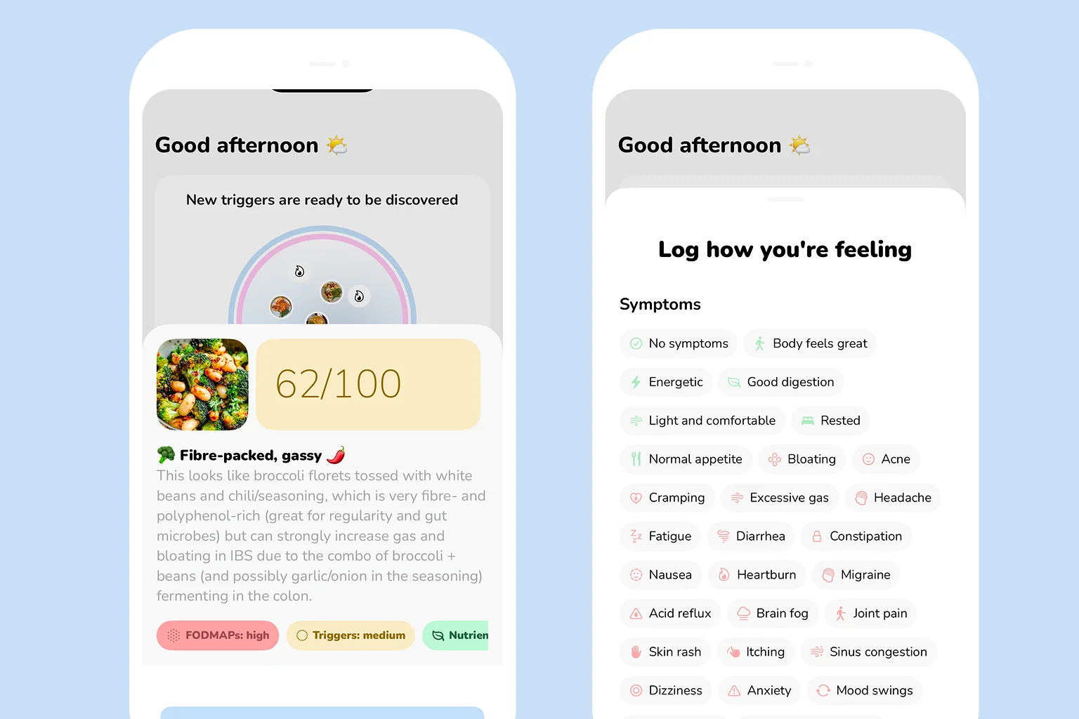 Happy Tummy food and symptom logging screens